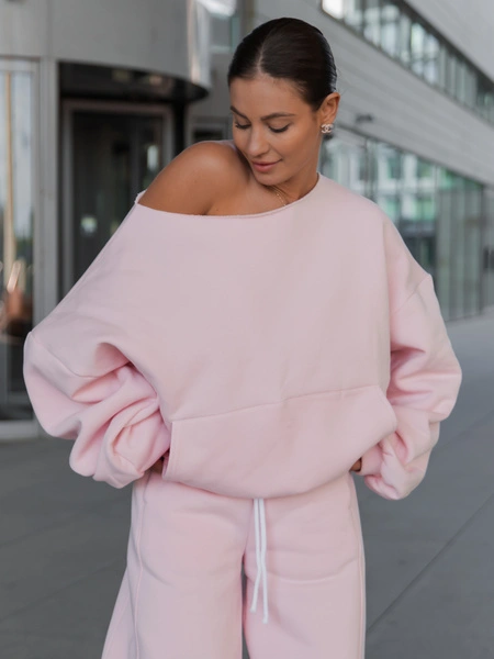 Dresowa bawełniana BLUZA opuszczana na ramiona oversize szeroka baby pink X400