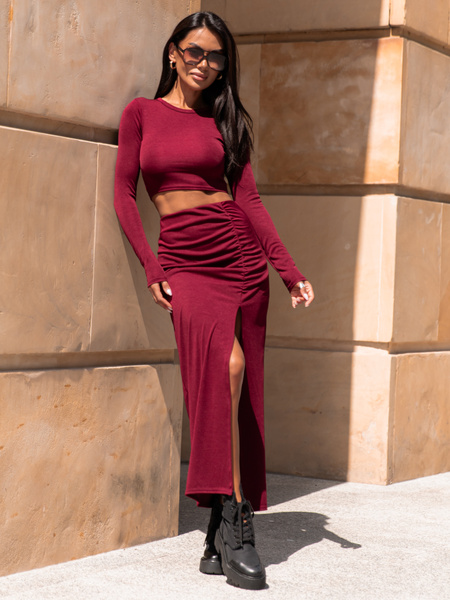 Elegancki KOMPLET bluzka z długim rękawem i spódnica maxi drapowana bordowy X317