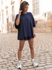 Wiscozowy KOMPLET luźny oversizowy t-shirt i krótkie spodenki z gumką w pasie navy blue X172 k01