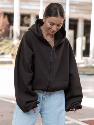 Bawełniana oversizowa BLUZA z kapturem zapinana na zamek z dresu drapanego dark chocolate X508