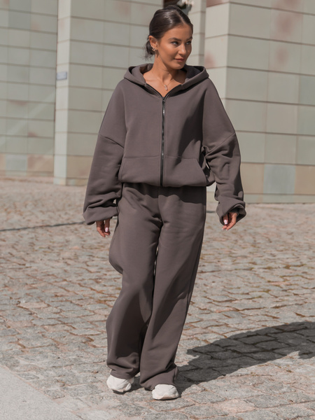 Oversizowa BLUZA z kapturem zapinana na zamek bluzowana kangurka z bawełnianej dresówki dark mokka X1