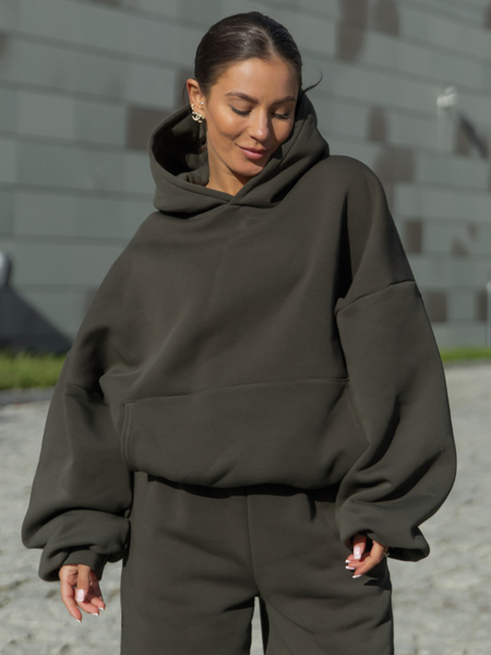 Viralowa Dresowa bawełniana BLUZA z kapturem oversize szeroka dark khaki E644