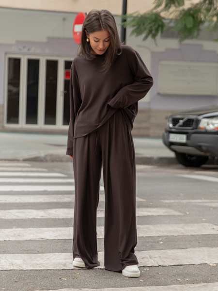 Luźny codzienny KOMPLET z wiscozy oversizowy t-shirt i luźne spodnie brązowy X475