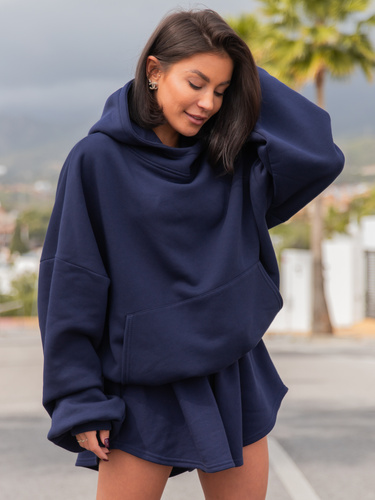 Viralowa Bawełniana BLUZA z drapanego dresu z kapturem na stójce z kieszeniami kangurka navy blue E1