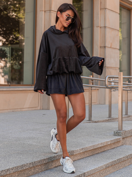 Luźna BLUZA z kapturem oversize szeroka z miękkiego weluru czarna X264 k01