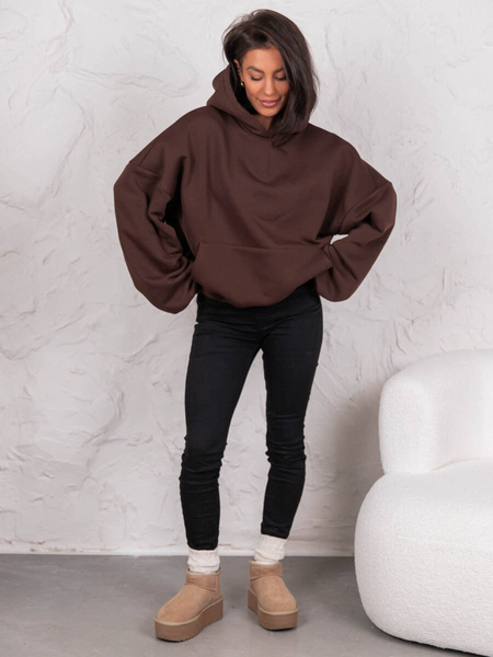 Dresowa bawełniana BLUZA z kapturem oversize szeroka brązowa E644
