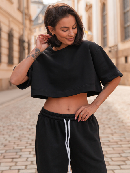 Bawełniany dresowy luźny szeroki T-SHIRT z krótkim rękawem czarny X216 k01