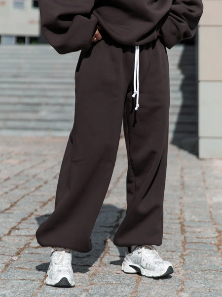 Dresowe bawełniane SPODNIE baggy niski stan dark chocolate X403