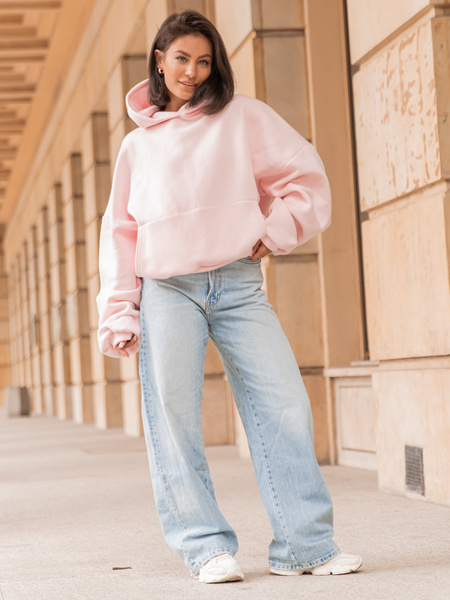 Viralowa Dresowa bawełniana BLUZA z kapturem oversize szeroka baby pink E644