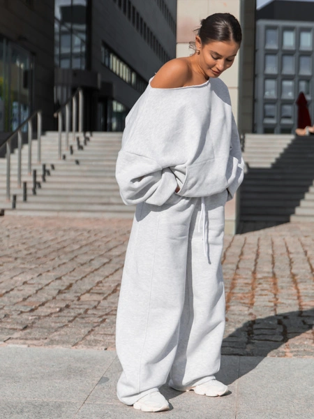 Dresowe bawełniane SPODNIE oversize ze średnim stanem z przeszyciami szary melanż X401