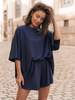 Wiscozowy KOMPLET luźny oversizowy t-shirt i krótkie spodenki z gumką w pasie navy blue X172 k01