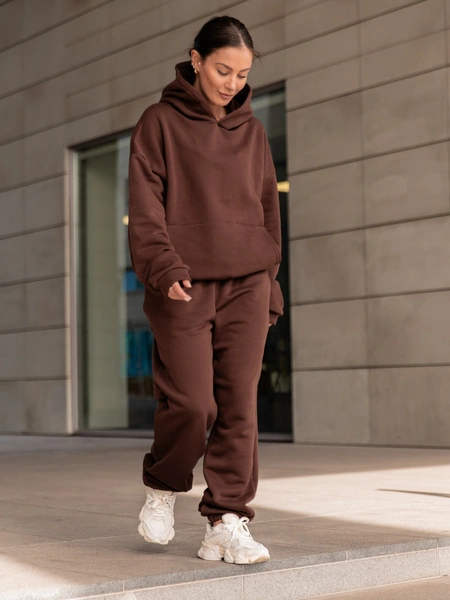 Dresowa bawełniana BLUZA z kapturem kangurka o klasycznym kroju brązowa X350