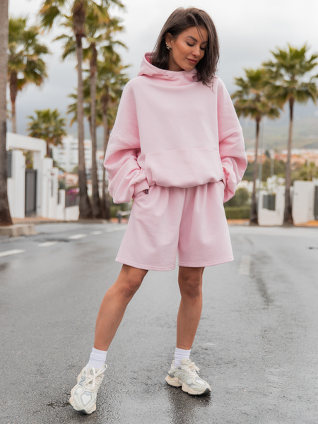 Viralowa Bawełniana BLUZA z drapanego dresu z kapturem na stójce z kieszeniami kangurka baby pink E1