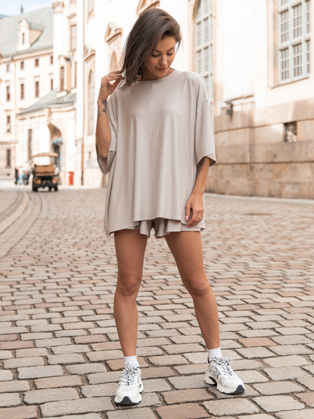 Wiscozowy KOMPLET luźny oversizowy t-shirt i krótkie spodenki z gumką w pasie stone X172 k01