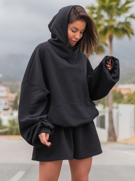 Viralowa Bawełniana BLUZA z drapanego dresu z kapturem na stójce z kieszeniami kangurka czarny E1
