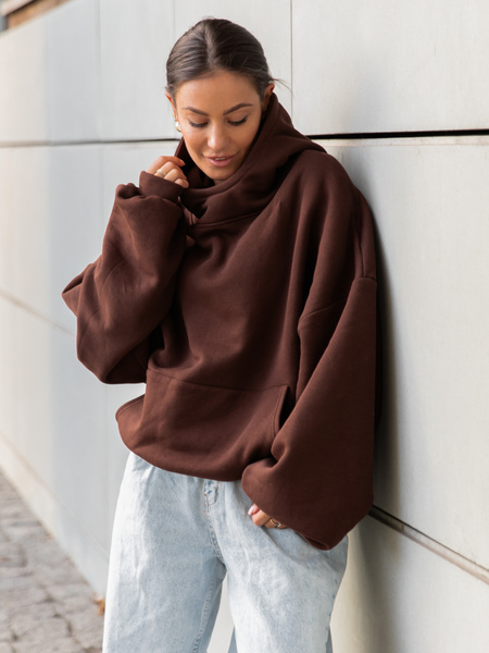 Viralowa Bawełniana BLUZA z drapanego dresu z kapturem na stójce z kieszeniami kangurka brązowa E1