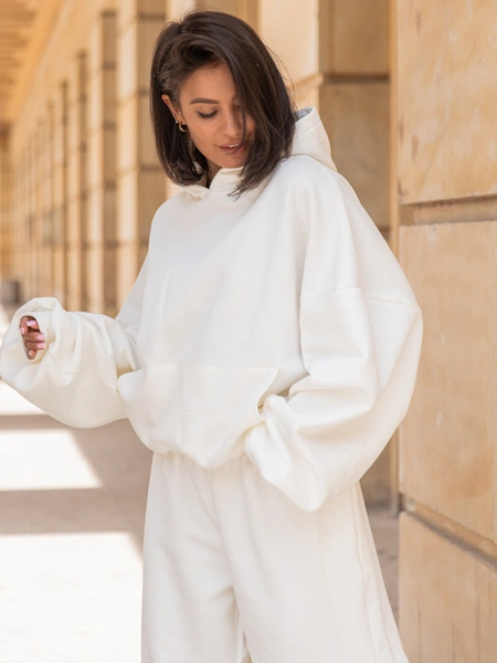Viralowa Dresowa bawełniana BLUZA z kapturem oversize szeroka ecru E644