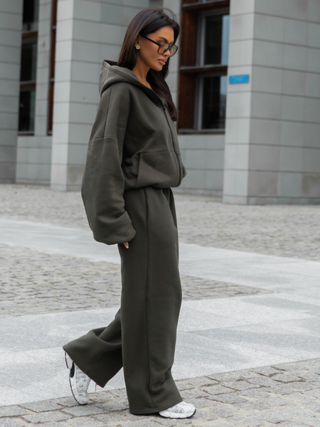 Oversizowa BLUZA z kapturem zapinana na zamek bluzowana kangurka z bawełnianej dresówki dark khaki X1