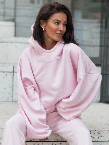 Bawełniana BLUZA z drapanego dresu z kapturem na stójce z kieszeniami kangurka baby pink E1