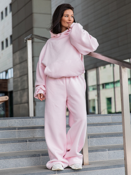 Viralowa Bawełniana BLUZA z drapanego dresu z kapturem na stójce z kieszeniami kangurka baby pink E1