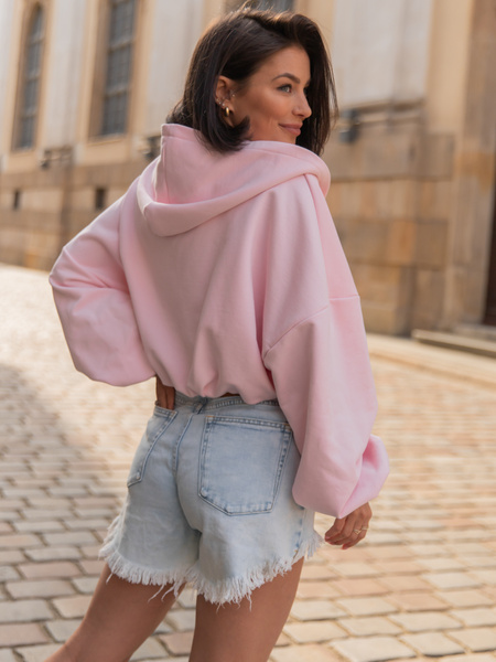 Luźna BLUZA z kapturem zapinana na zamek oversize szeroka z bawełnianej dresówki niedrapanej od wewnątrz baby pink X218 k01