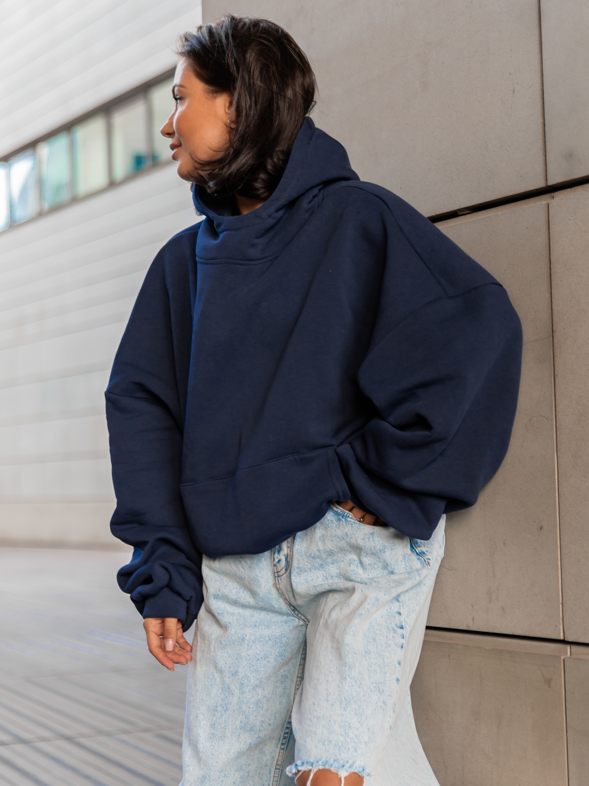 Viralowa Bawełniana BLUZA z drapanego dresu z kapturem na stójce z kieszeniami kangurka navy blue E1