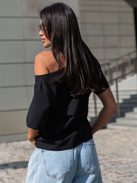 Bawełniany T-SHIRT bluzka z krótkim rękawem z dekoltem V czarna X404