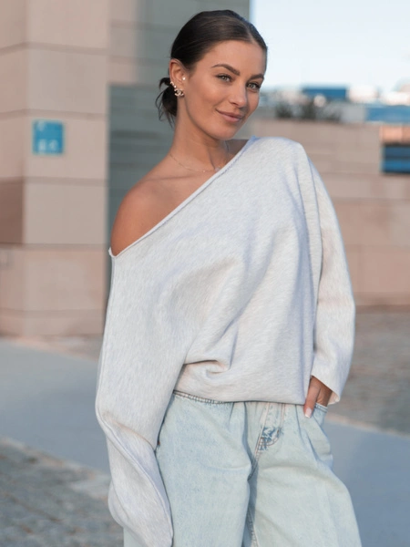 Dresowa bawełniana BLUZA opuszczana na ramiona oversize szeroka szary melanż X413 k01
