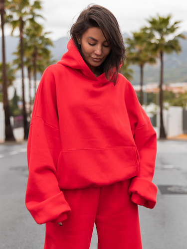 Viralowa Dresowa bawełniana BLUZA z kapturem oversize szeroka koralowa E644 k01