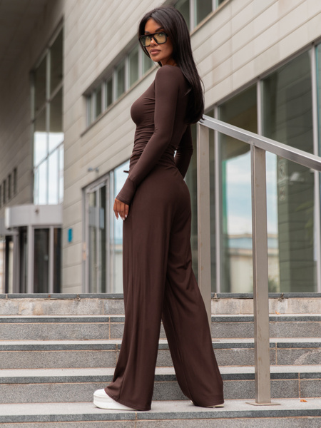 Wiskozowy KOMPLET dopasowana bluzka z długim rękawem i luźne spodnie czekoladowy E351