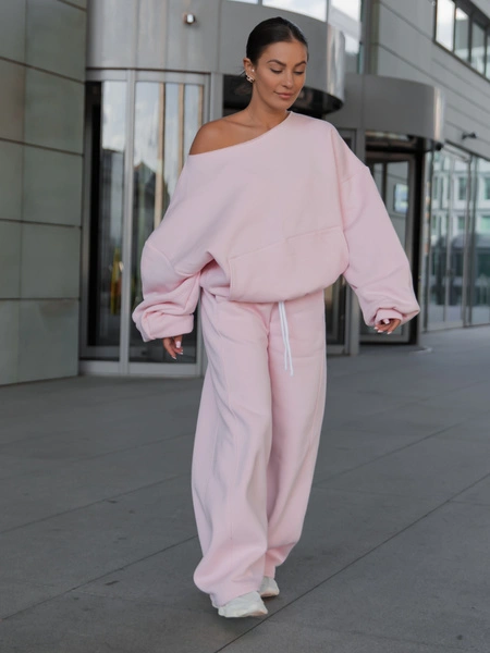 Dresowa bawełniana BLUZA opuszczana na ramiona oversize szeroka baby pink X400