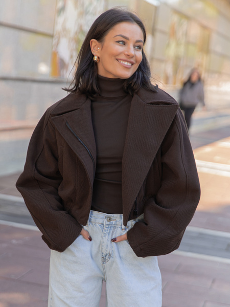 Oversizowa krótka KURTKA o szerokim kroju ramoneska czekoladowa X468