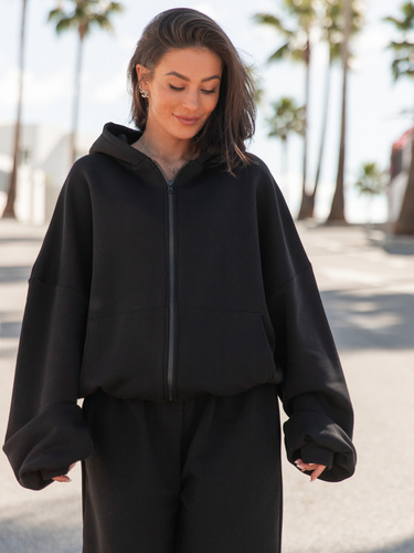 Oversizowa BLUZA z kapturem zapinana na zamek bluzowana kangurka z bawełnianej dresówki czarna X1