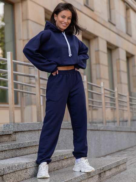 Dresowy bawełniany KOMPLET bluza kangurka z kapturem i spodnie klasyczny krój navy blue X305 k01