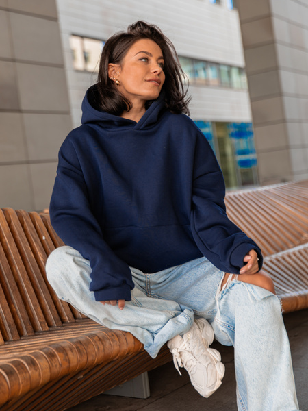 Dresowa bawełniana BLUZA z kapturem kangurka o klasycznym kroju navy blue X350