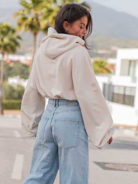 Bawełniana krótka oversizowa BLUZA dresowa z kapturem kangurka waniliowa X51 k01