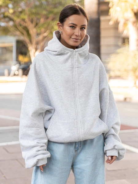 Bawełniana oversizowa BLUZA z kapturem zapinana na zamek z dresu drapanego szary melanż X508