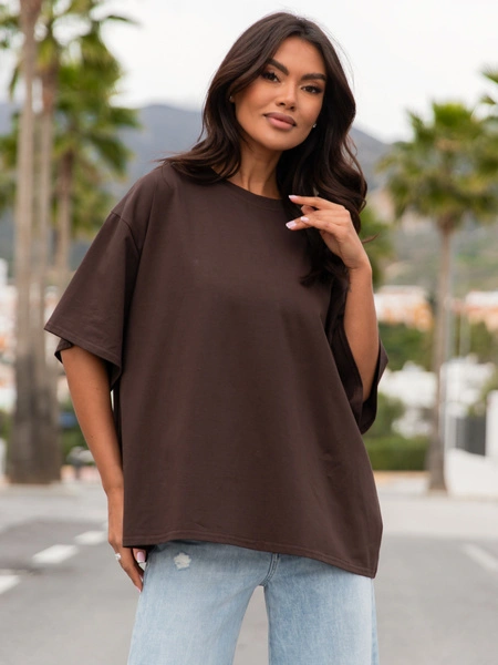 Bawełniany luźny szeroki T-SHIRT z krótkim rękawem czekoladowa X30