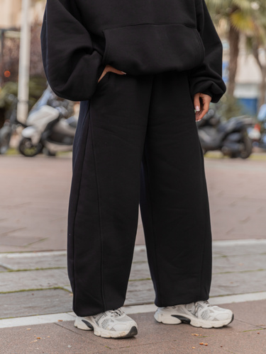 Dresowe bawełniane SPODNIE baggy ze ściągaczami i przeszyciami z dresu drapanego czarne X510