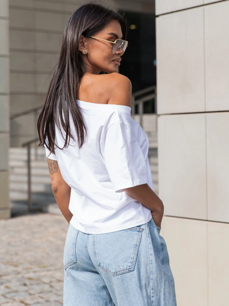 Bawełniany T-SHIRT bluzka z krótkim rękawem z dekoltem V biała X404