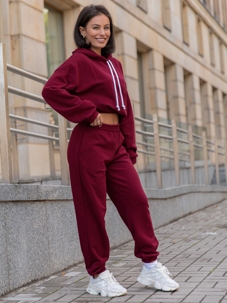 Dresowy bawełniany KOMPLET bluza kangurka z kapturem i spodnie klasyczny krój bordowy X305
