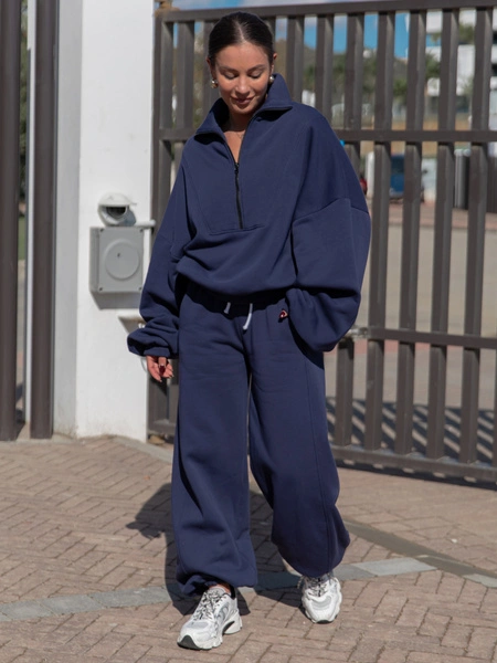 Oversizowa bawełniana BLUZA z dresu drapanego na stójce z zamkiem navy blue X477