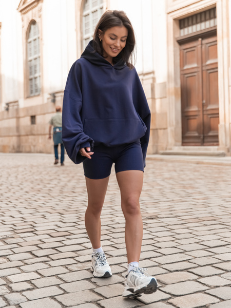 Luźna BLUZA z kapturem oversize szeroka z bawełnianej dresówki niedrapanej od wewnątrz navy blue X150