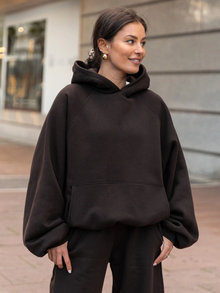 Dresowa bawełniana BLUZA z kapturem oversize z raglanowymi rękawami dark chocolate X509