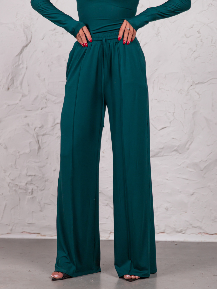 Luźne SPODNIE z szerokimi nogawkami z przeszyciem z wiskozy zielone E648 K01
