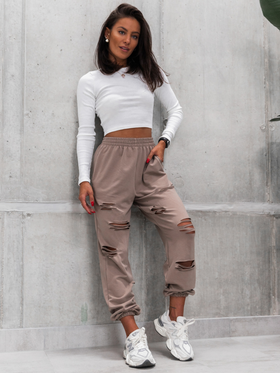 Bawełniane SPODNIE dresowe z dziurami cappuccino D581 k01