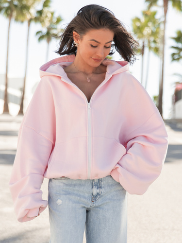 Oversizowa BLUZA z kapturem zapinana na zamek bluzowana kangurka z bawełnianej dresówki baby pink X1