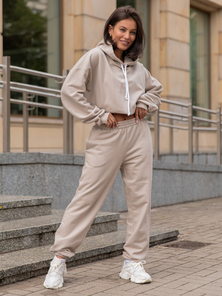 Dresowy bawełniany KOMPLET bluza kangurka z kapturem i spodnie klasyczny krój stone X305 k01