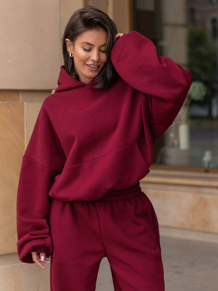 Viralowa Dresowa bawełniana BLUZA z kapturem oversize szeroka bordowa E644
