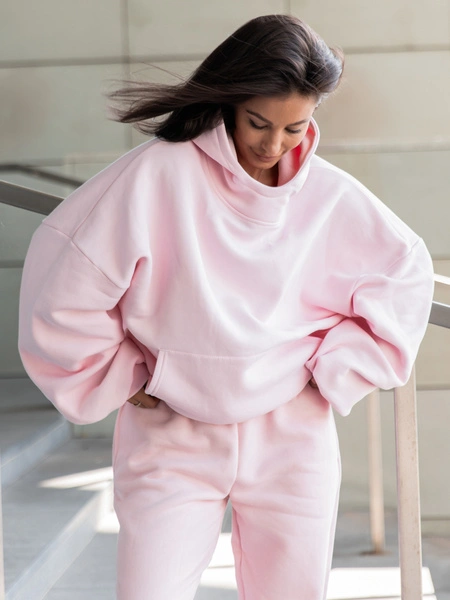 Viralowa Bawełniana BLUZA z drapanego dresu z kapturem na stójce z kieszeniami kangurka baby pink E1